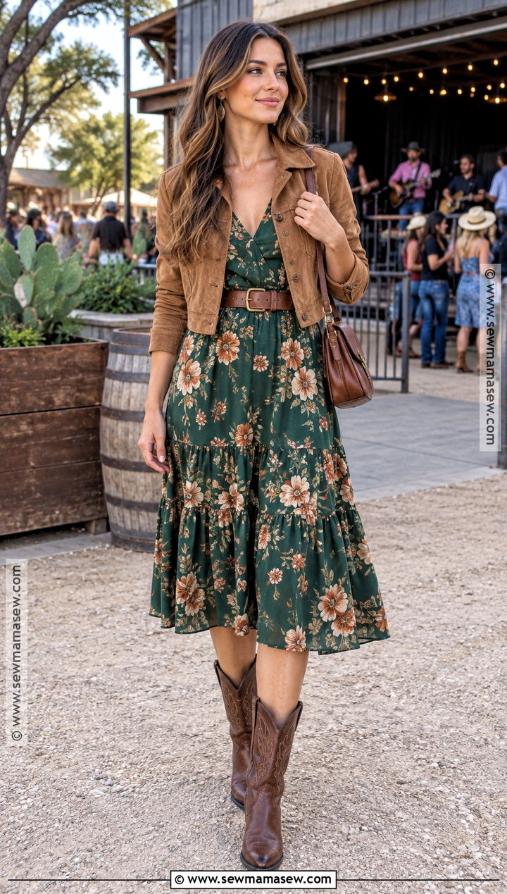 Austin Fall Floral Midi Dress And Cowboy Boots Outfit - 15 fall austin outfit ideas