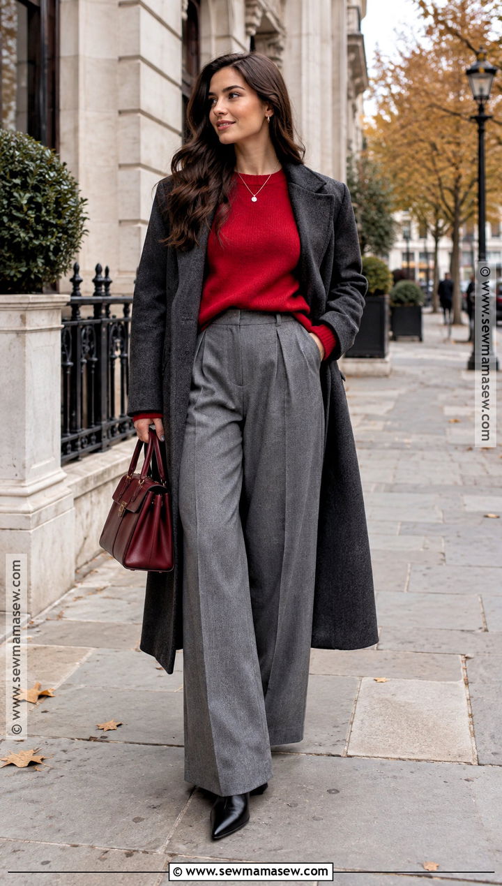 Autumn 2024 Red Knit And Gray Trousers Outfit - 15 autumn 24 fashion trends