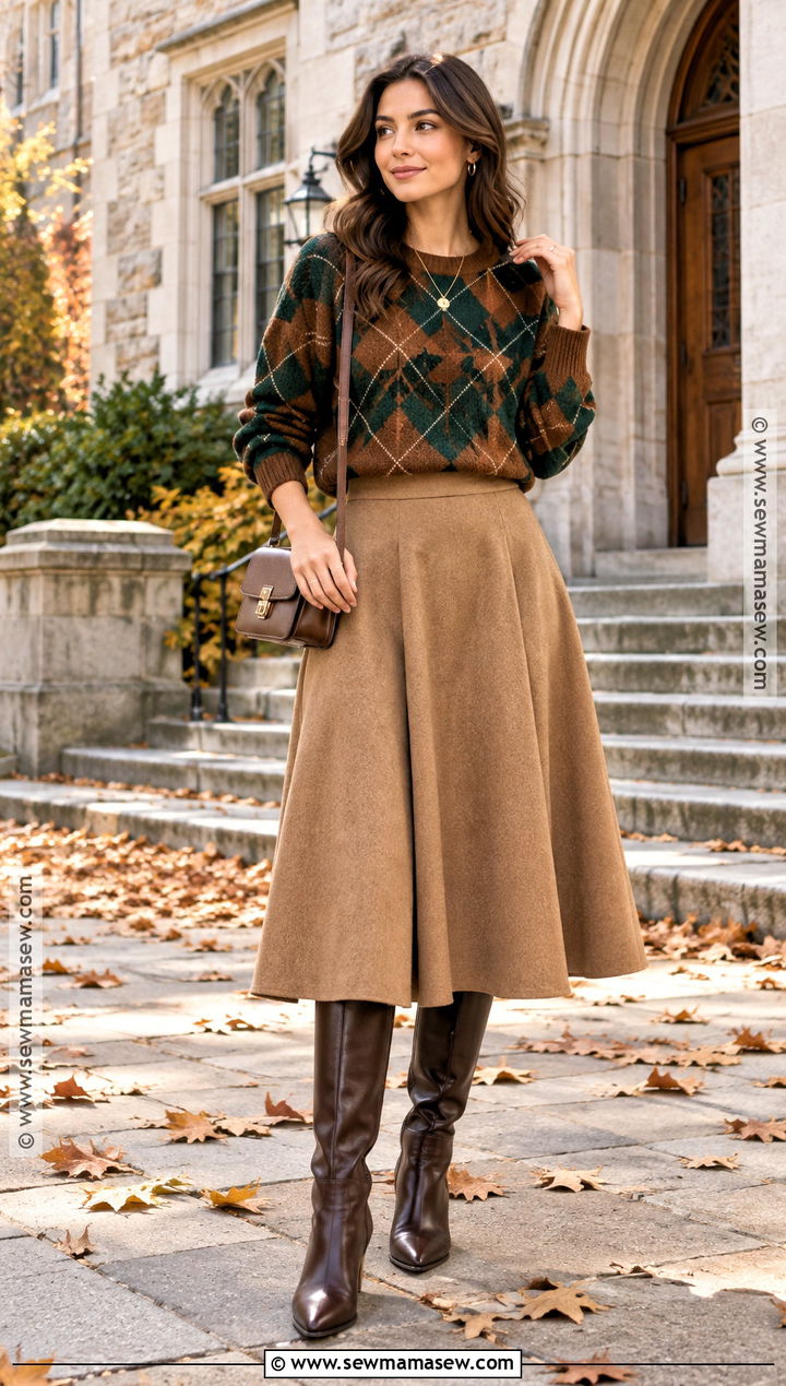 Autumn Argyle Sweater And Midi Skirt Outfit - 15 Autumn Fashion Clothing Collection Ideas