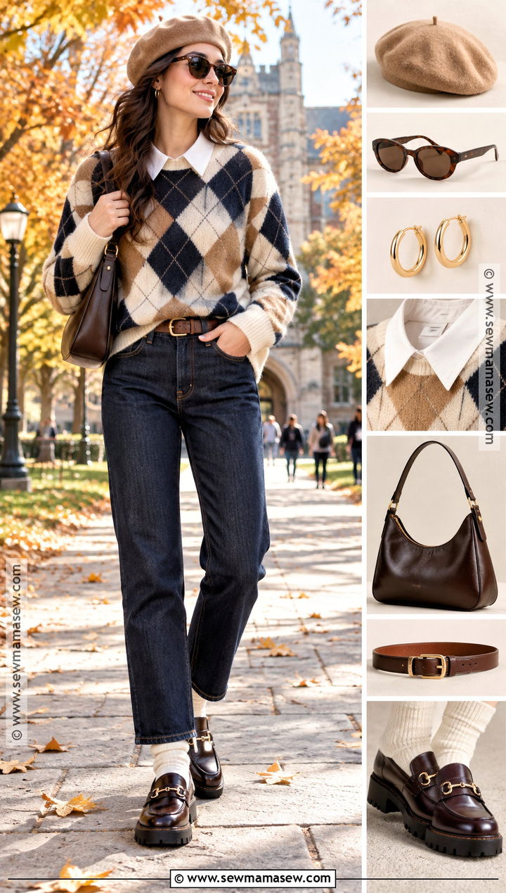 Autumn Argyle Sweater Outfit With Straight Jeans - 15 autumn outfit collage with accessories