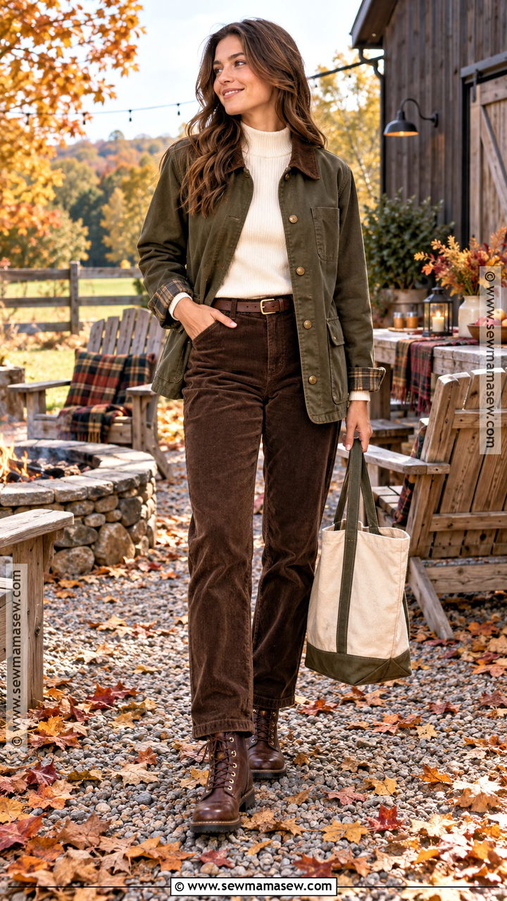 Autumn BBQ Barn Jacket And Corduroy Pants Outfit - 20 autumn bbq outfit ideas