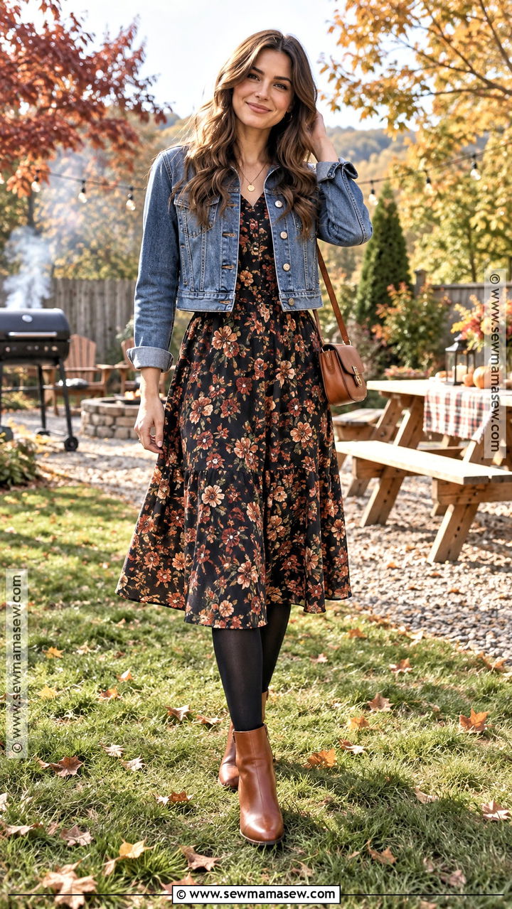 Autumn BBQ Denim Jacket And Floral Midi Dress Outfit - 20 autumn bbq outfit ideas