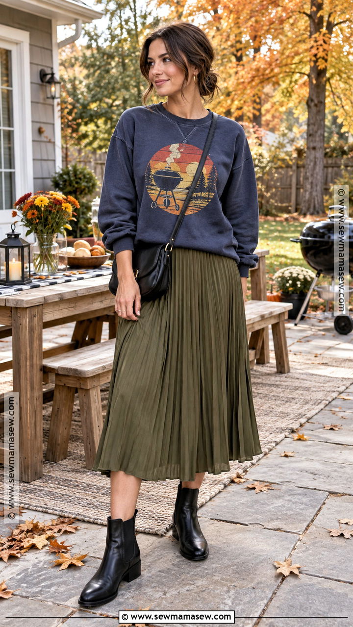 Autumn BBQ Graphic Sweatshirt And Midi Skirt Outfit - 20 autumn bbq outfit ideas