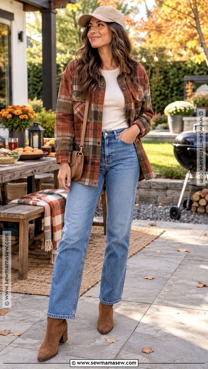 Autumn BBQ Plaid Shacket And Jeans Outfit - 20 autumn bbq outfit ideas