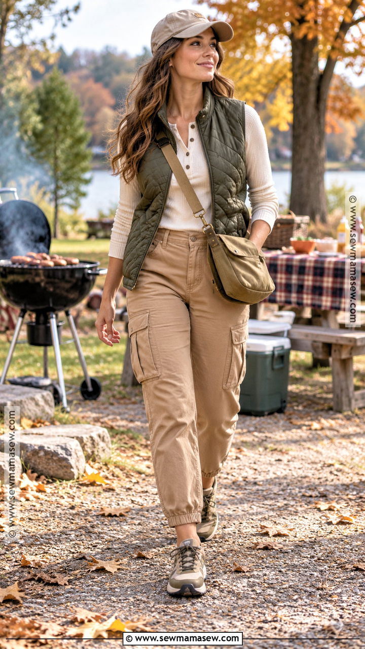 Autumn BBQ Quilted Vest And Cargo Pants Outfit - 20 autumn bbq outfit ideas