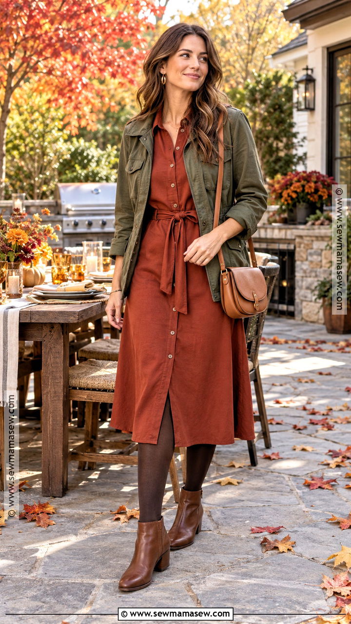 Autumn BBQ Rust Shirt Dress And Utility Jacket Outfit - 20 autumn bbq outfit ideas