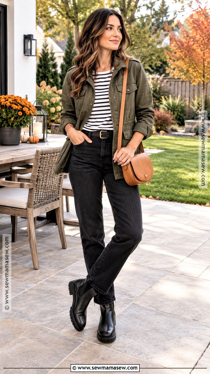 Autumn BBQ Utility Jacket And Black Jeans Outfit - 20 autumn bbq outfit ideas