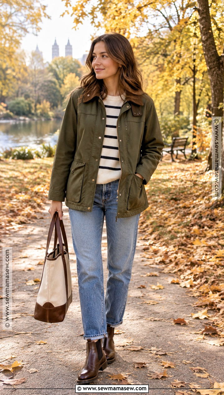 Autumn Barn Jacket And Striped Sweater Outfit - 25 autumn style inspiration ideas