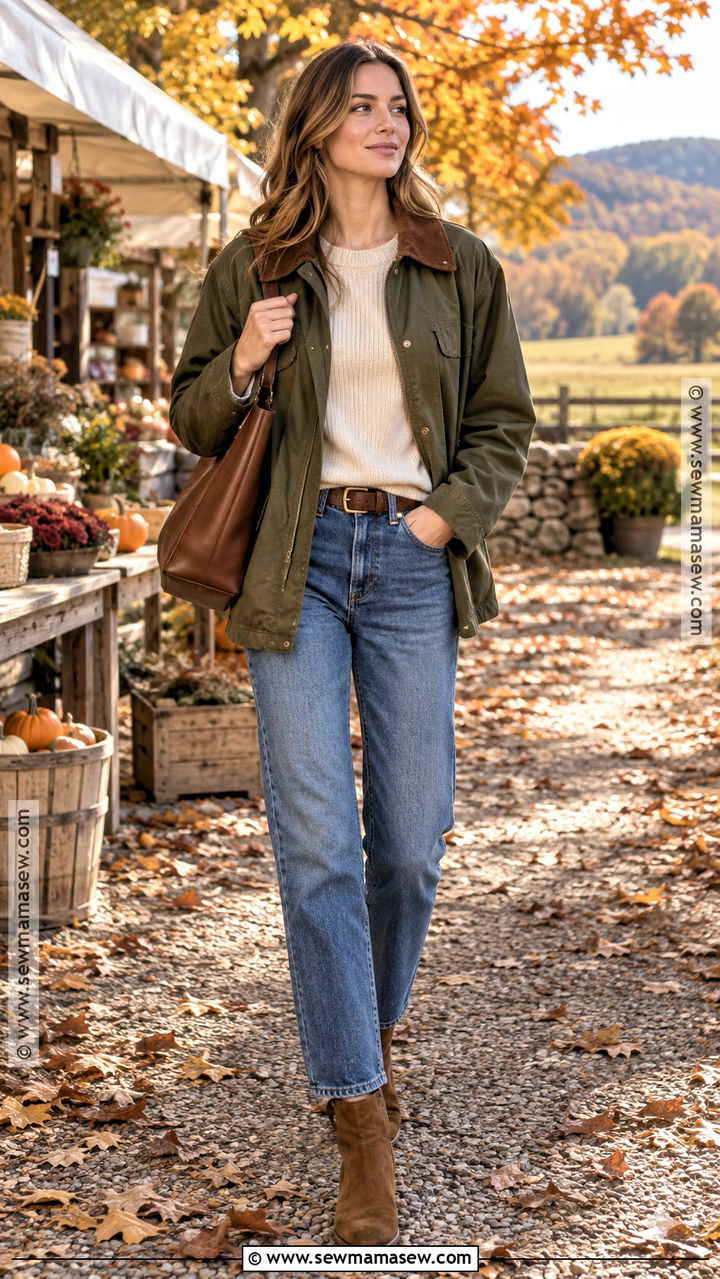 Autumn Barn Jacket Knit Top And Straight Jeans Outfit - 20 autumn weekend outfit ideas