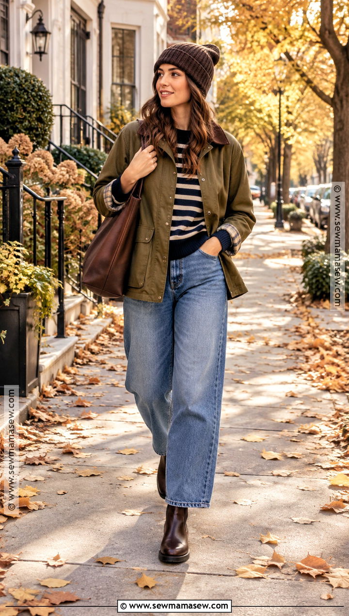 Autumn Barn Jacket With Striped Sweater And Jeans - 15 Autumn Fashion Ensemble Ideas