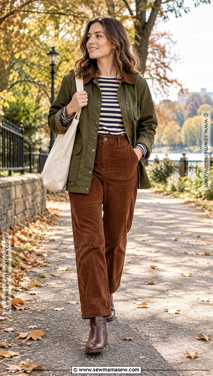 Autumn Barn Jacket With Striped Tee And Corduroy Trousers - 15 autumn style essentials