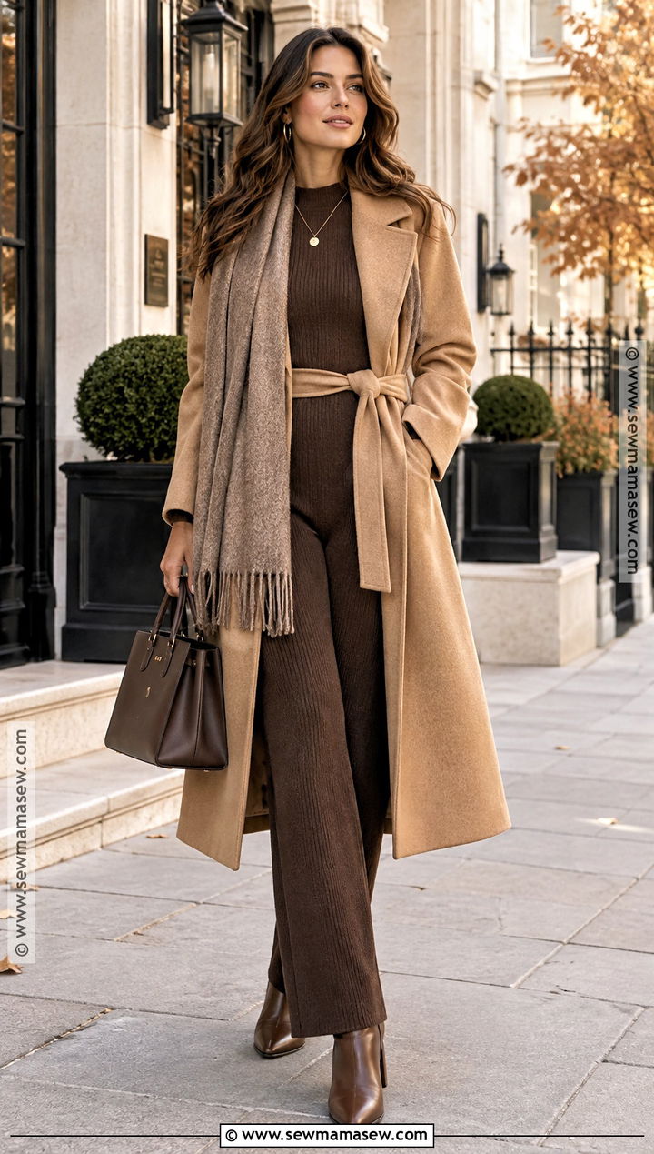 Autumn Belted Coat And Knit Jumpsuit Outfit - 25 autumn warm outfit ideas