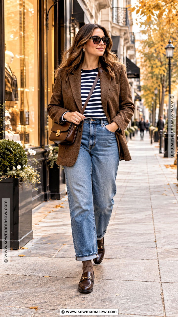 Autumn Blazer Striped T Shirt And Loafers Outfit - 20 autumn weekend outfit ideas