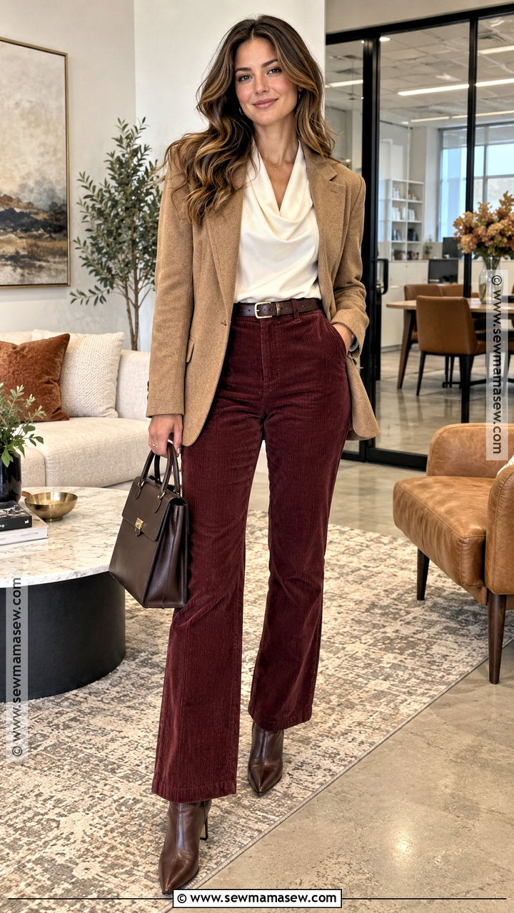 Autumn Blouse And Corduroy Trousers Outfit - 20 Autumn Smart Casual Women Work Outfits