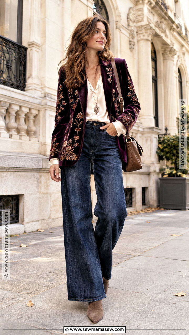 Autumn Boho Blazer And Wide Leg Jeans Outfit - 20 Autumn Fashion Trends