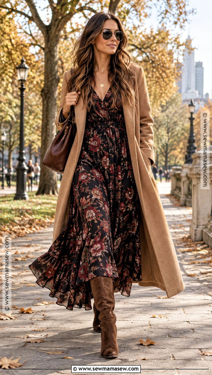 Autumn Boho Dark Floral Dress And Tall Boots Outfit - 25 autumn boho outfits