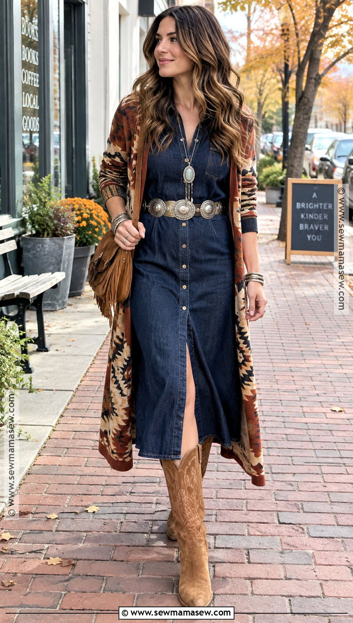 Autumn Boho Denim Dress And Western Boots Outfit - 25 autumn boho outfits