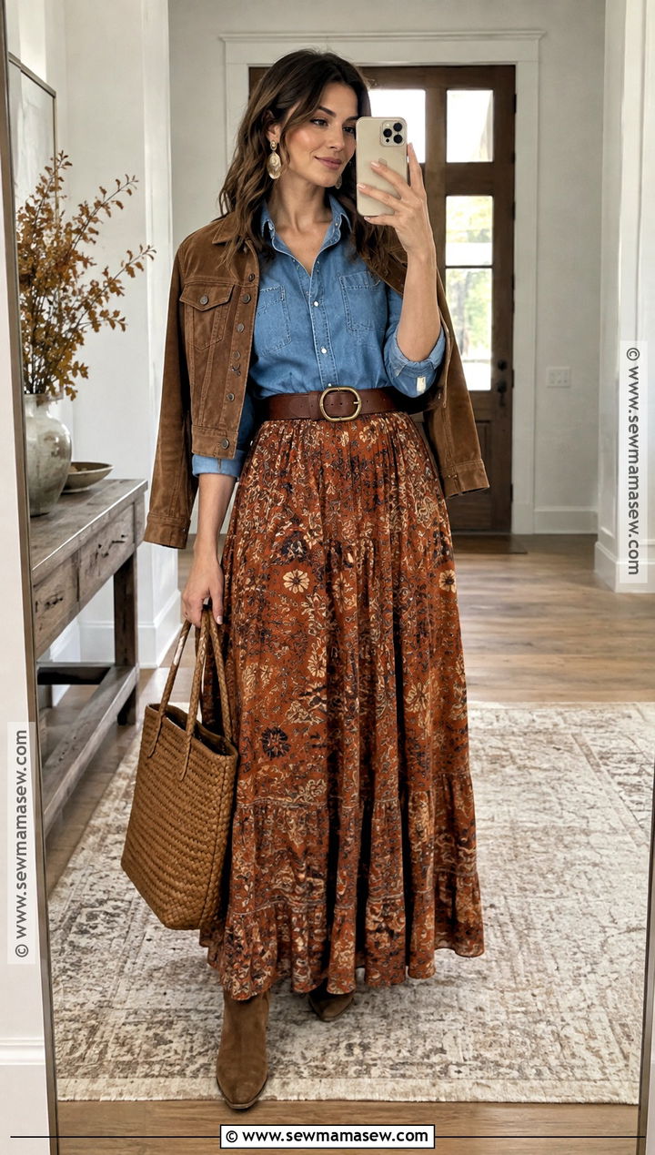 Autumn Boho Denim Shirt And Printed Maxi Skirt Outfit - 15 autumn boho style ideas