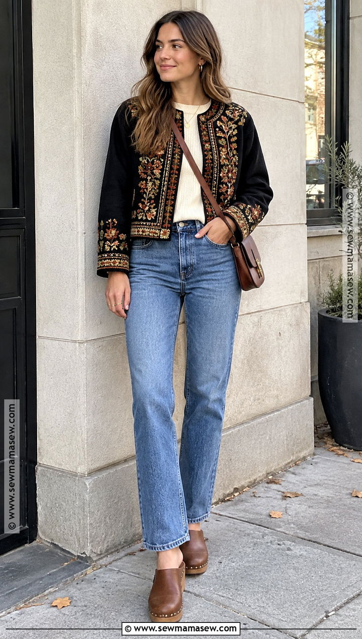 Autumn Boho Embroidered Jacket And Straight Jeans Outfit - 25 autumn boho outfits