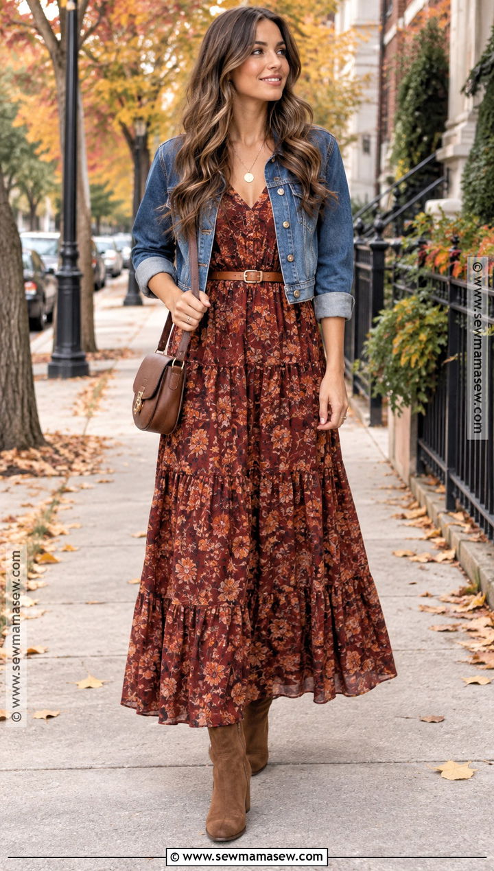 Autumn Boho Floral Maxi Dress Outfit - 15 autumn boho style ideas