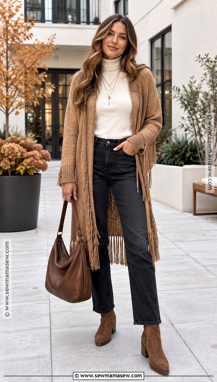 Autumn Boho Fringe Cardigan And Black Jeans Outfit - 25 autumn boho outfits