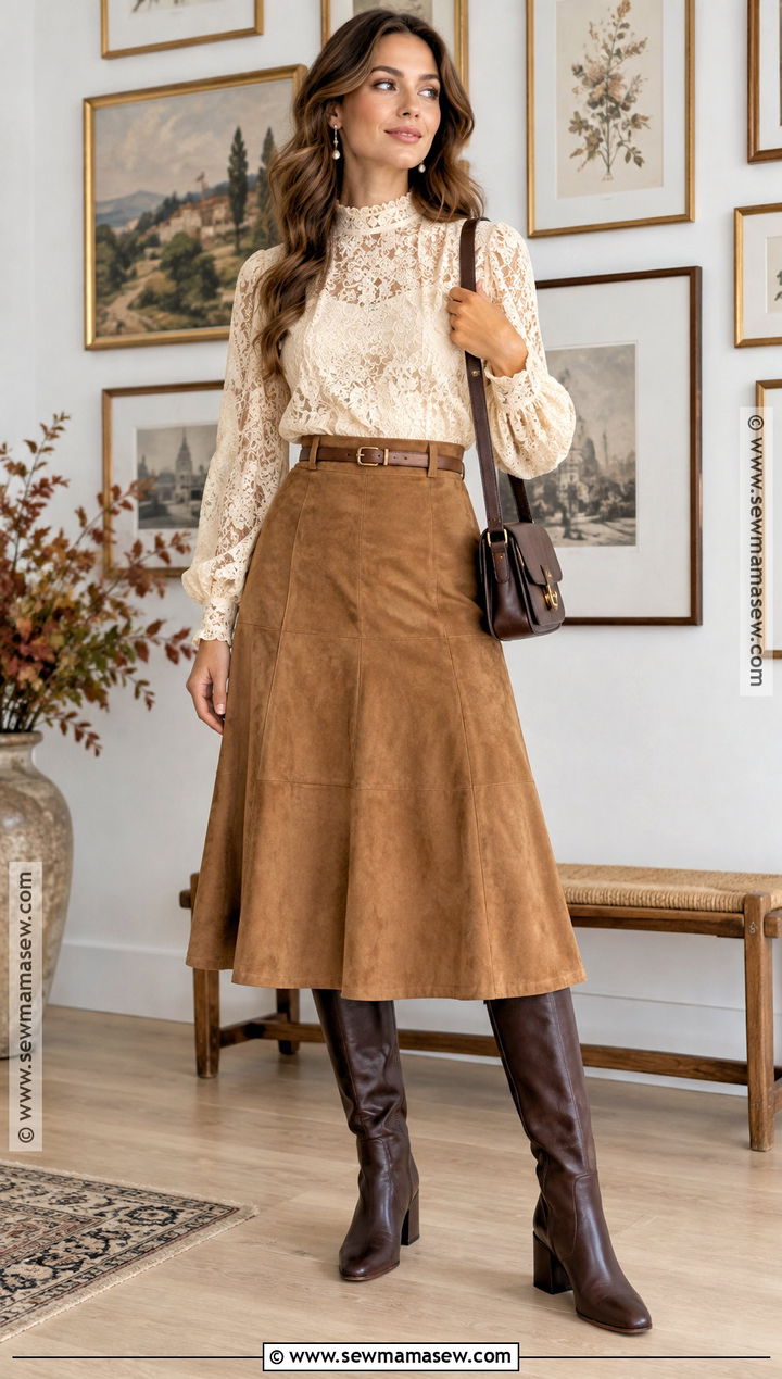 Autumn Boho Lace Blouse And Suede Skirt Outfit - 25 autumn boho outfits