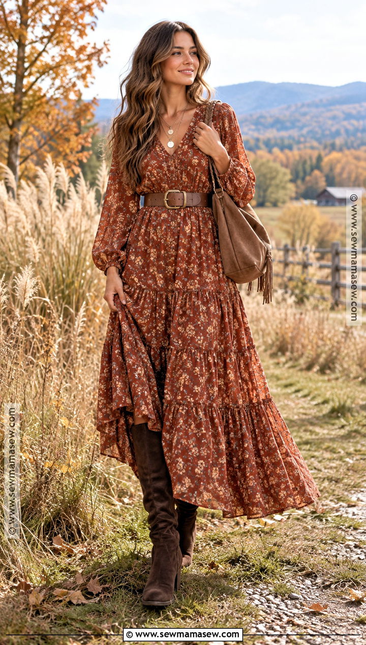 Autumn Boho Maxi Dress And Knee High Boots Outfit - 15 outfit ideas for autumn 2026
