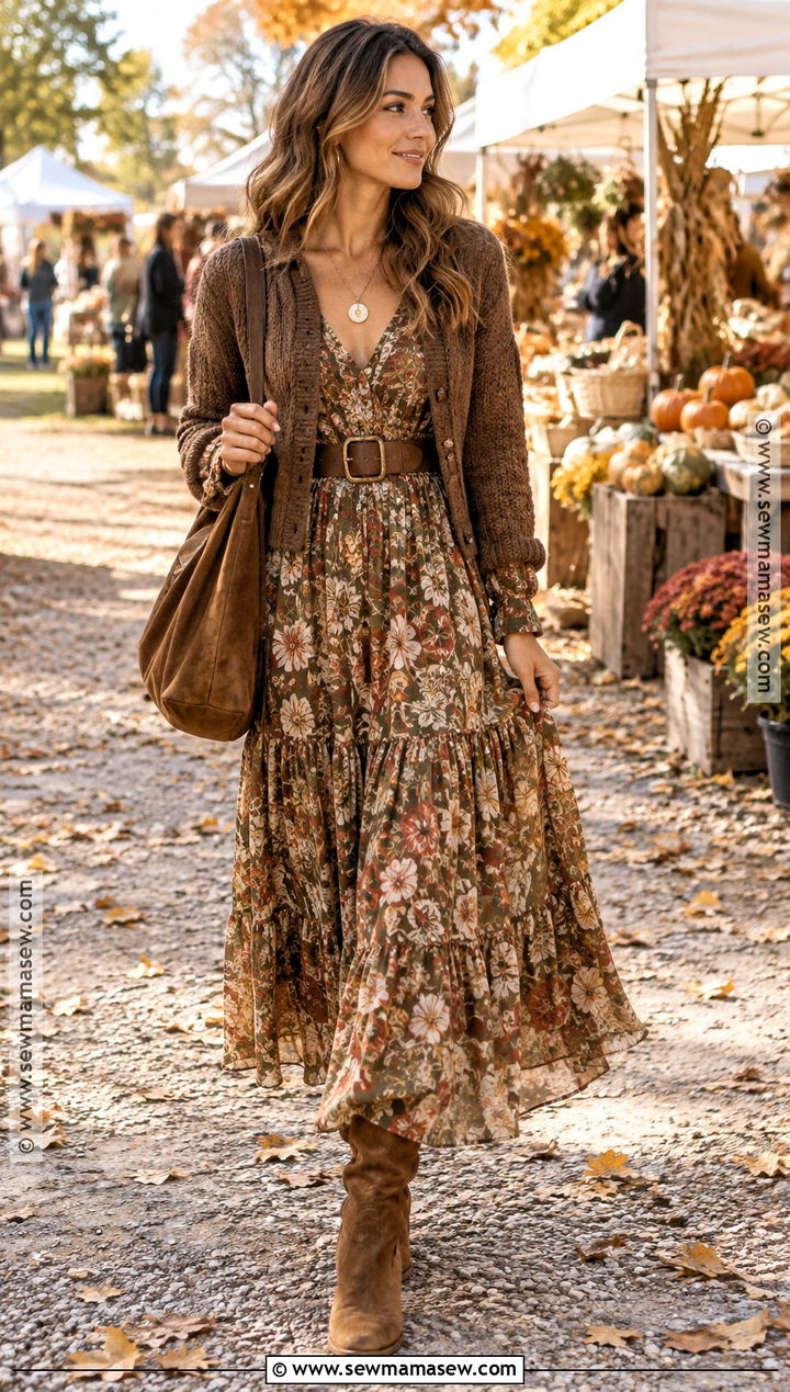 Autumn Boho Maxi Dress Outfit With Suede Boots - 15 autumn wardrobe ideas 2026
