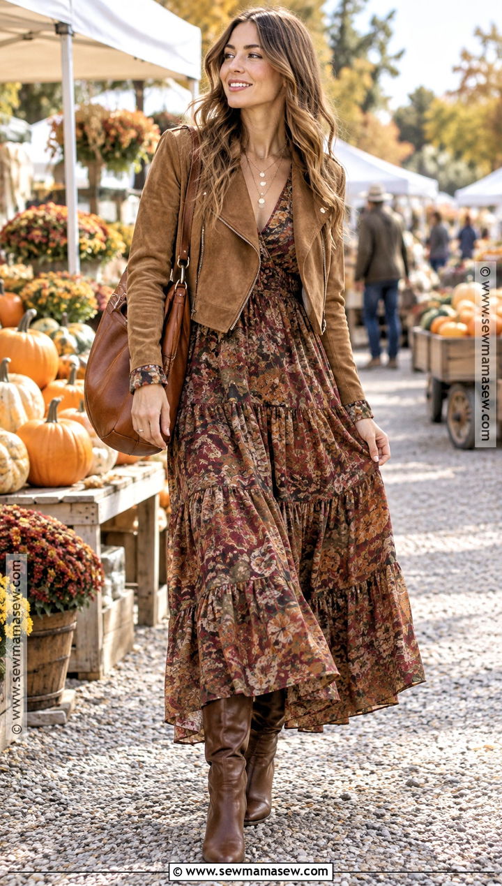 Autumn Boho Maxi Dress With Suede Jacket - 30 autumn outfits