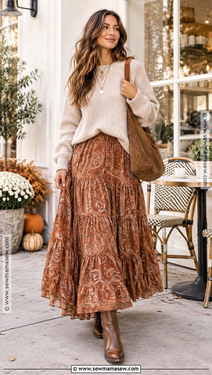 Autumn Boho Maxi Skirt And Chunky Sweater Outfit - 25 autumn boho outfits
