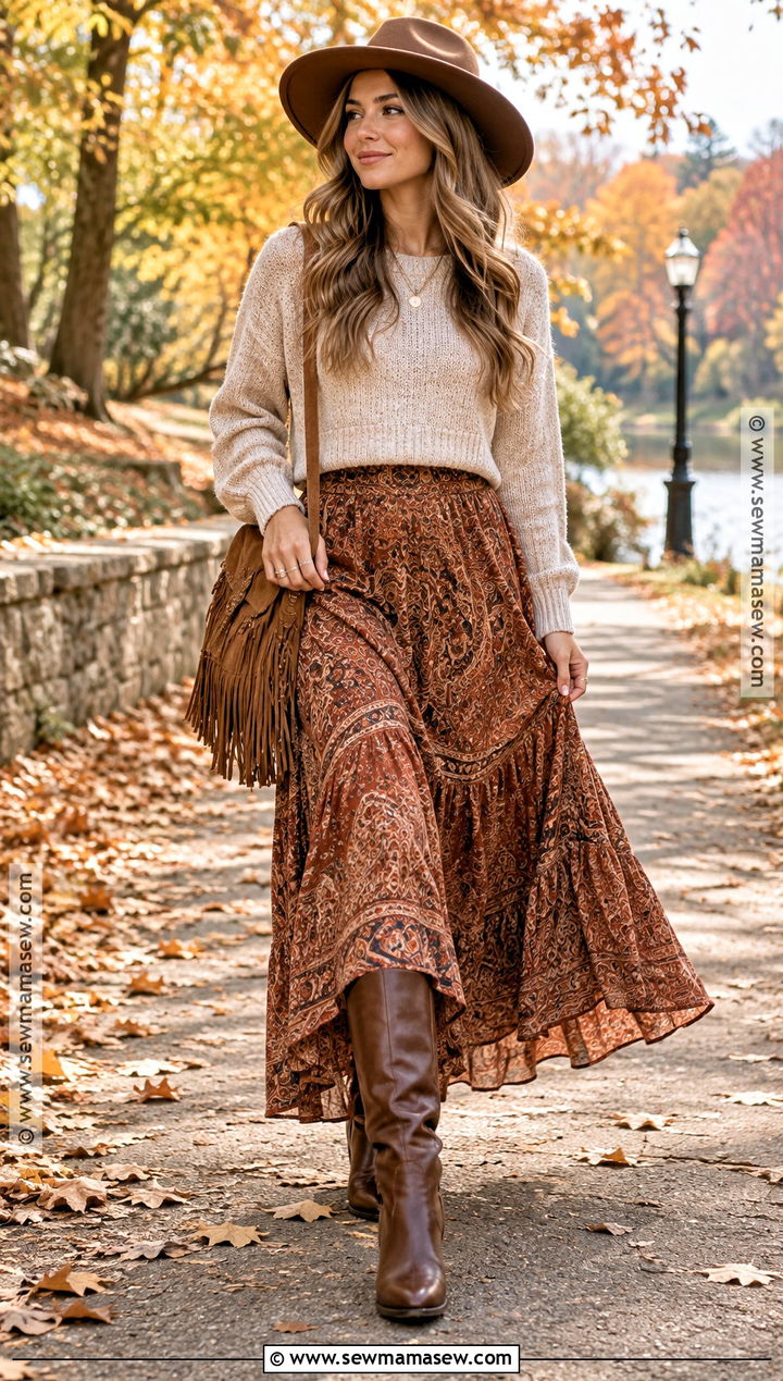 Autumn Boho Maxi Skirt And Knit Sweater Outfit - 15 autumn boho style ideas
