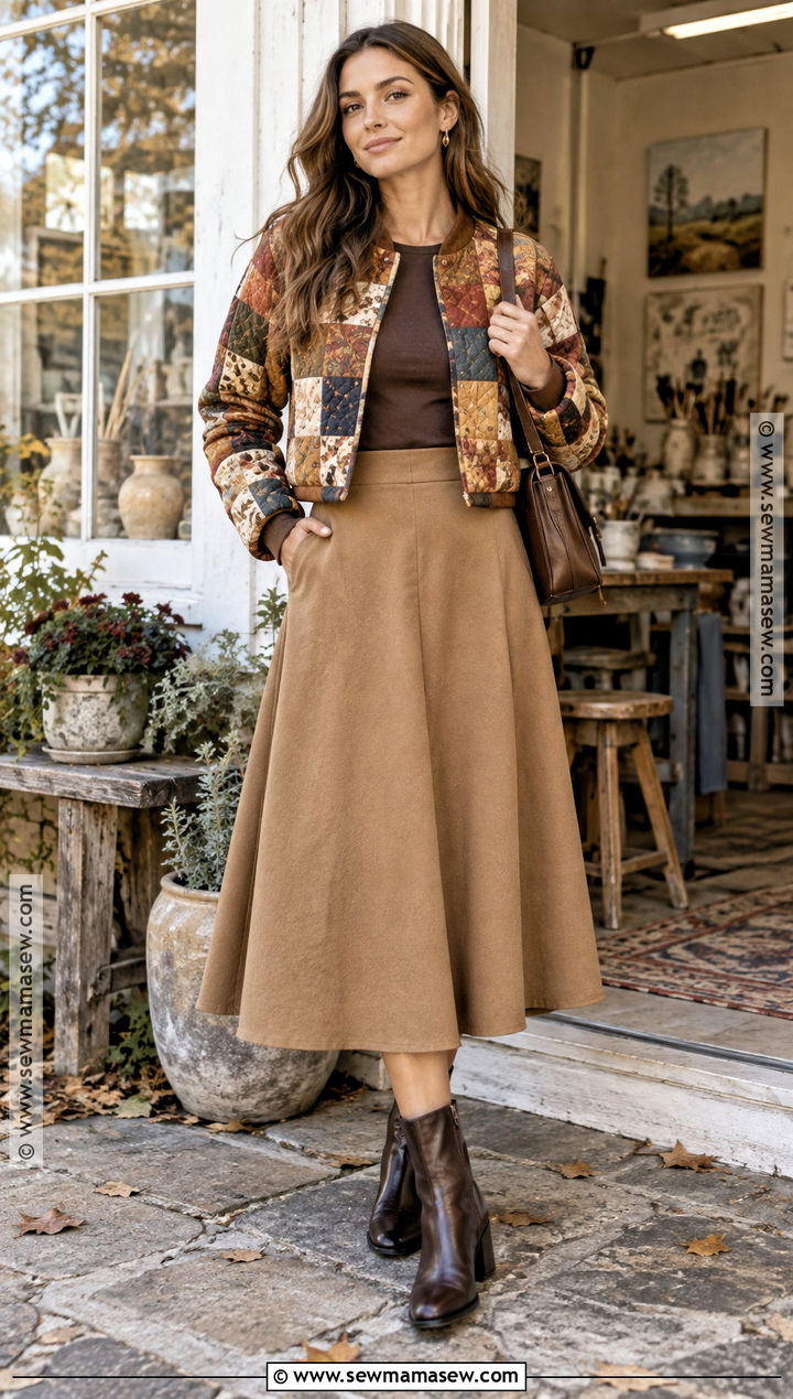 Autumn Boho Patchwork Jacket And Midi Skirt Outfit - 25 autumn boho outfits