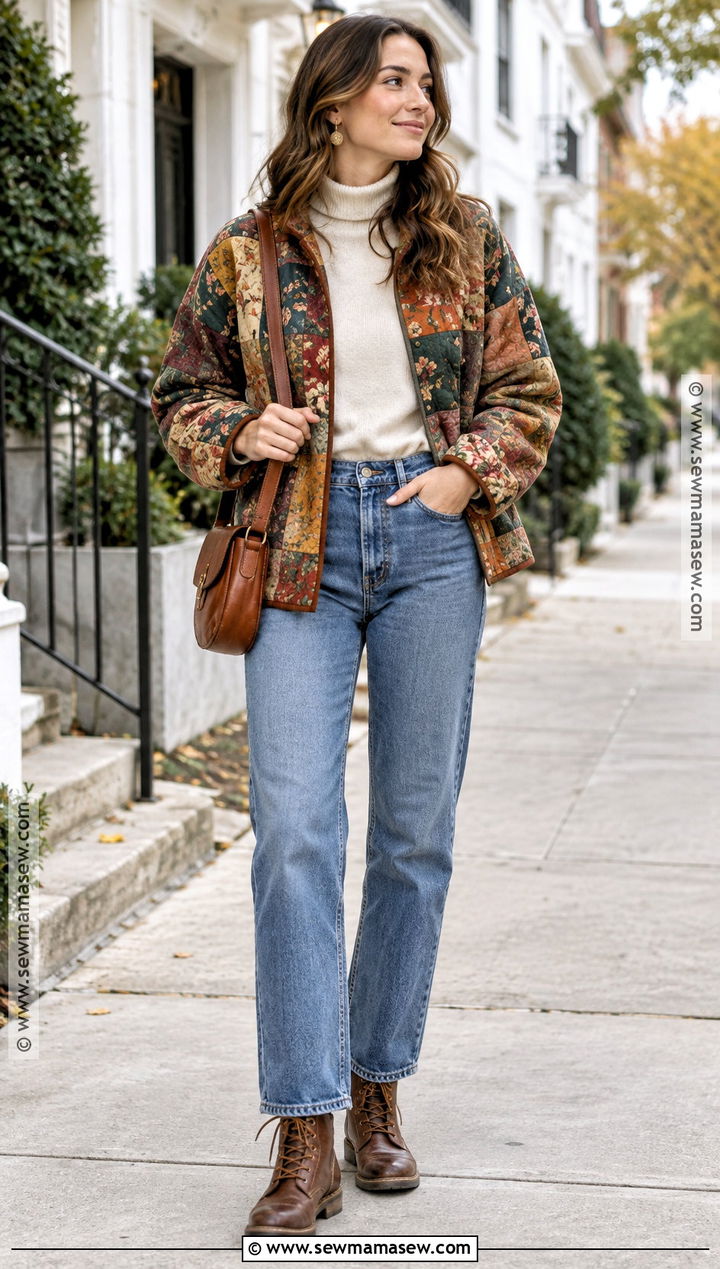 Autumn Boho Patchwork Jacket And Straight Jeans Outfit - 15 autumn boho style ideas