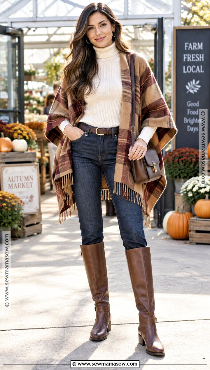 Autumn Boho Plaid Cape And Jeans Outfit - 25 autumn boho outfits