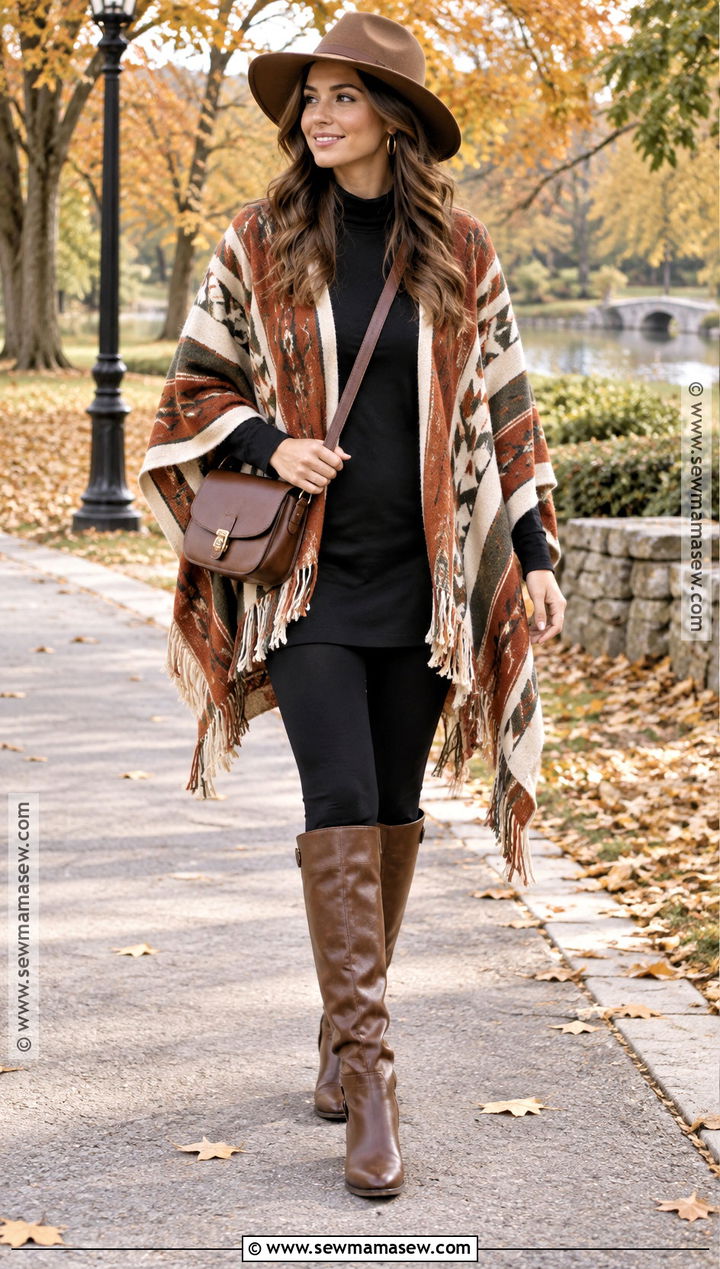 Autumn Boho Poncho And Leggings Outfit - 25 autumn boho outfits
