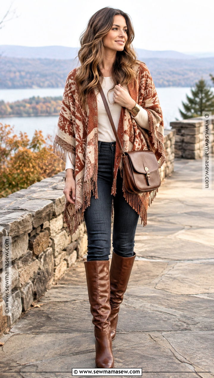 Autumn Boho Poncho And Skinny Jeans Outfit - 15 autumn boho style ideas