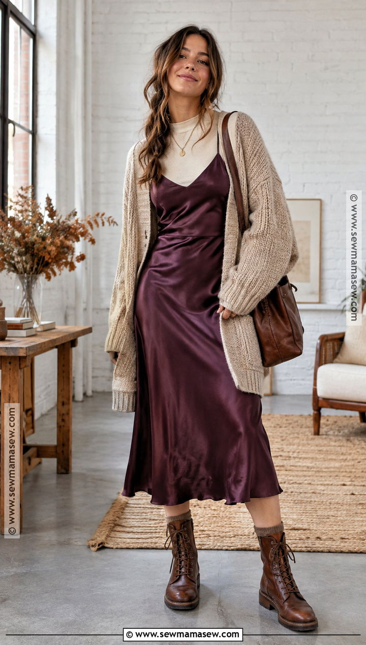 Autumn Boho Slip Dress And Oversized Cardigan Outfit - 25 autumn boho outfits