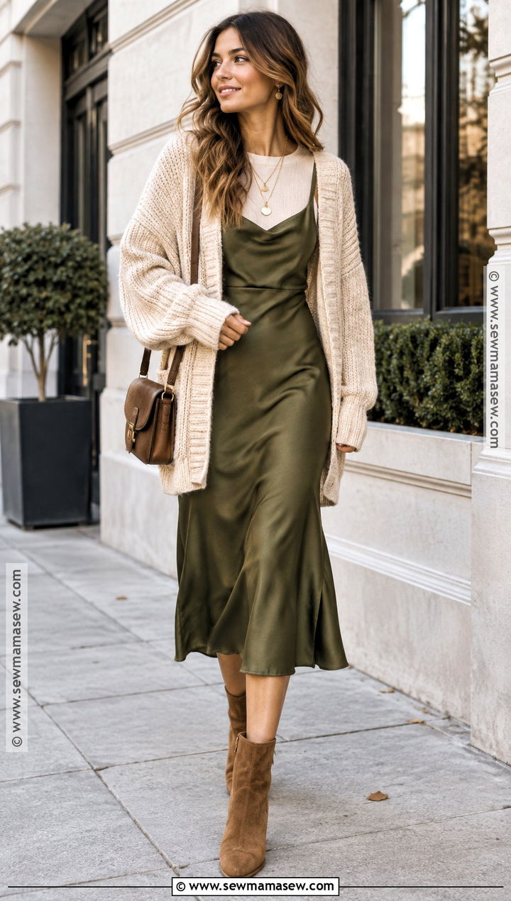 Autumn Boho Slip Dress And Oversized Cardigan Outfit - 15 autumn boho style ideas