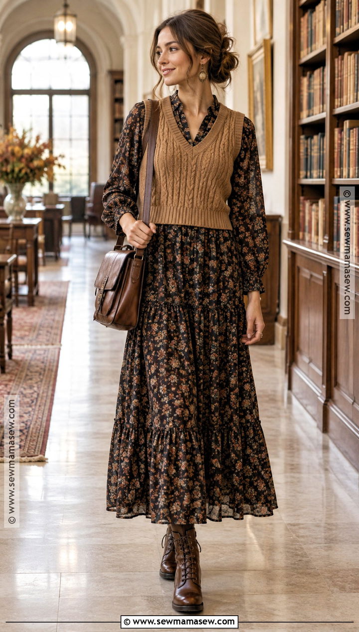 Autumn Boho Sweater Vest And Maxi Dress Outfit - 25 autumn boho outfits
