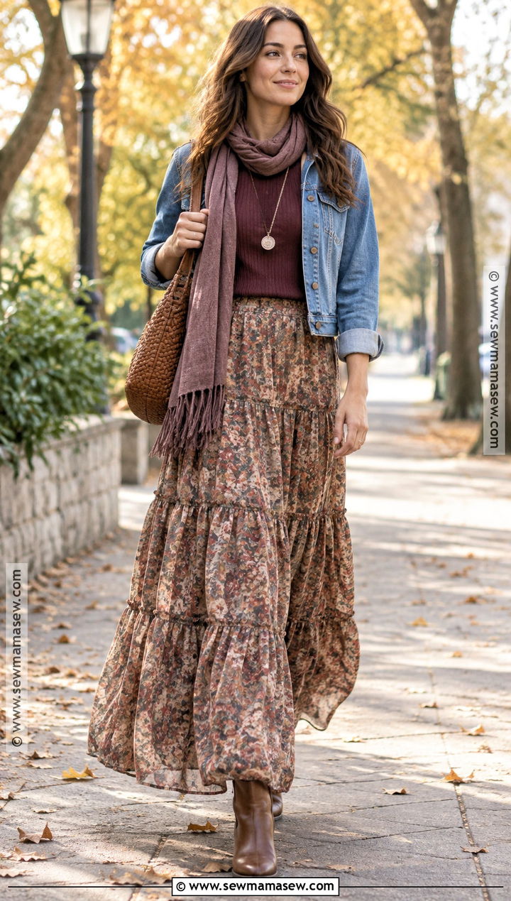 Autumn Boho Tiered Skirt And Denim Jacket Outfit - 25 autumn boho outfits