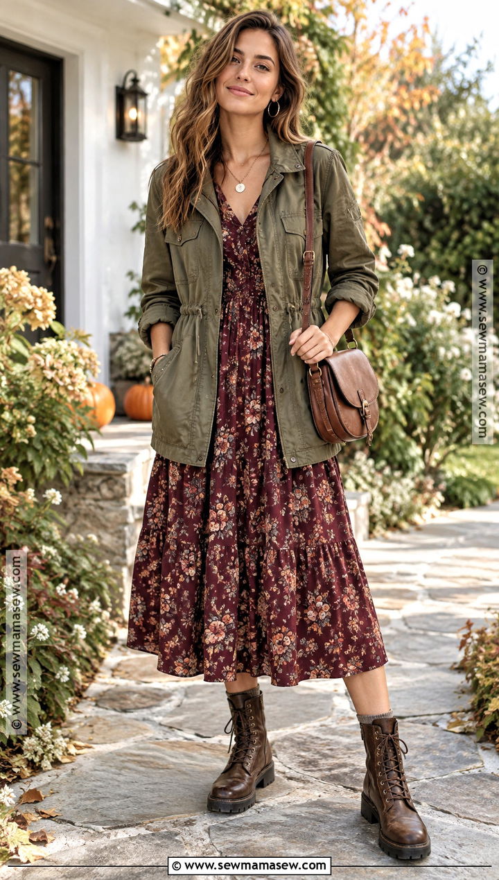 Autumn Boho Utility Jacket And Floral Dress Outfit - 25 autumn boho outfits