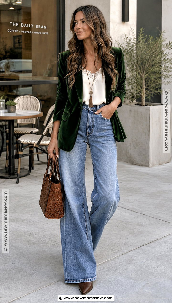Autumn Boho Velvet Blazer And Wide Leg Jeans Outfit - 25 autumn boho outfits