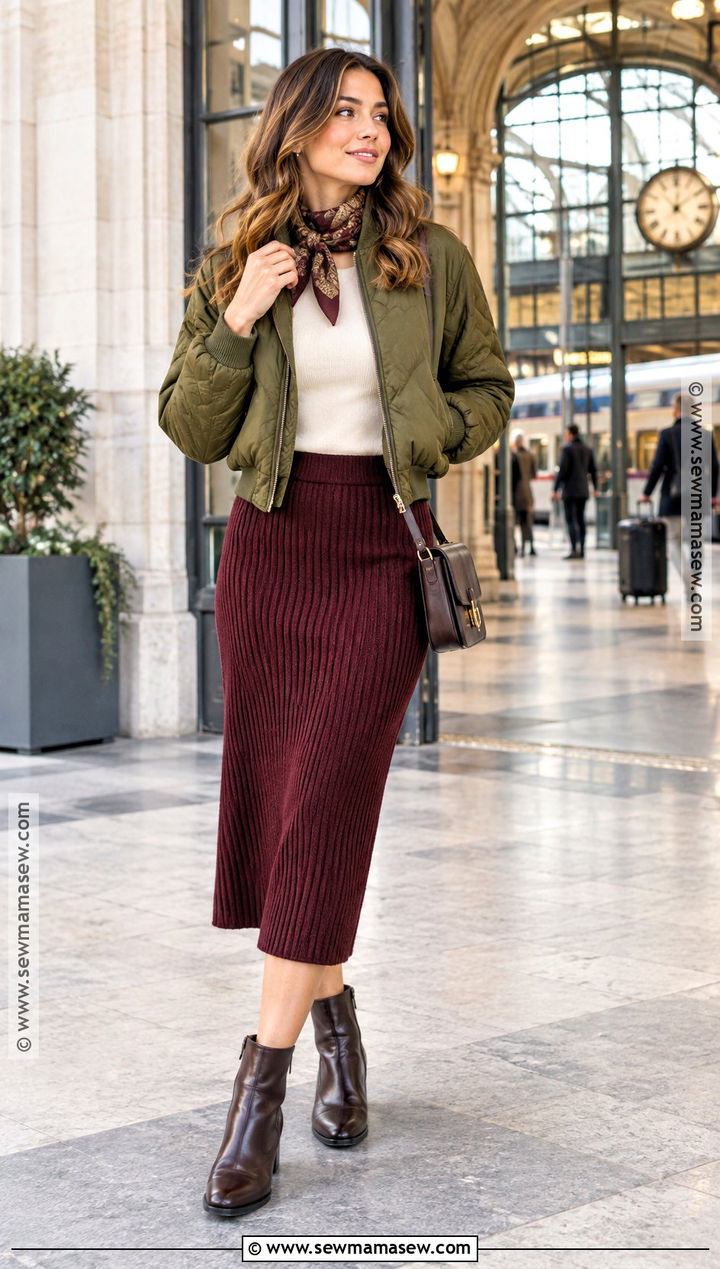 Autumn Bomber Jacket And Knit Midi Skirt Outfit - 25 autumn warm outfit ideas