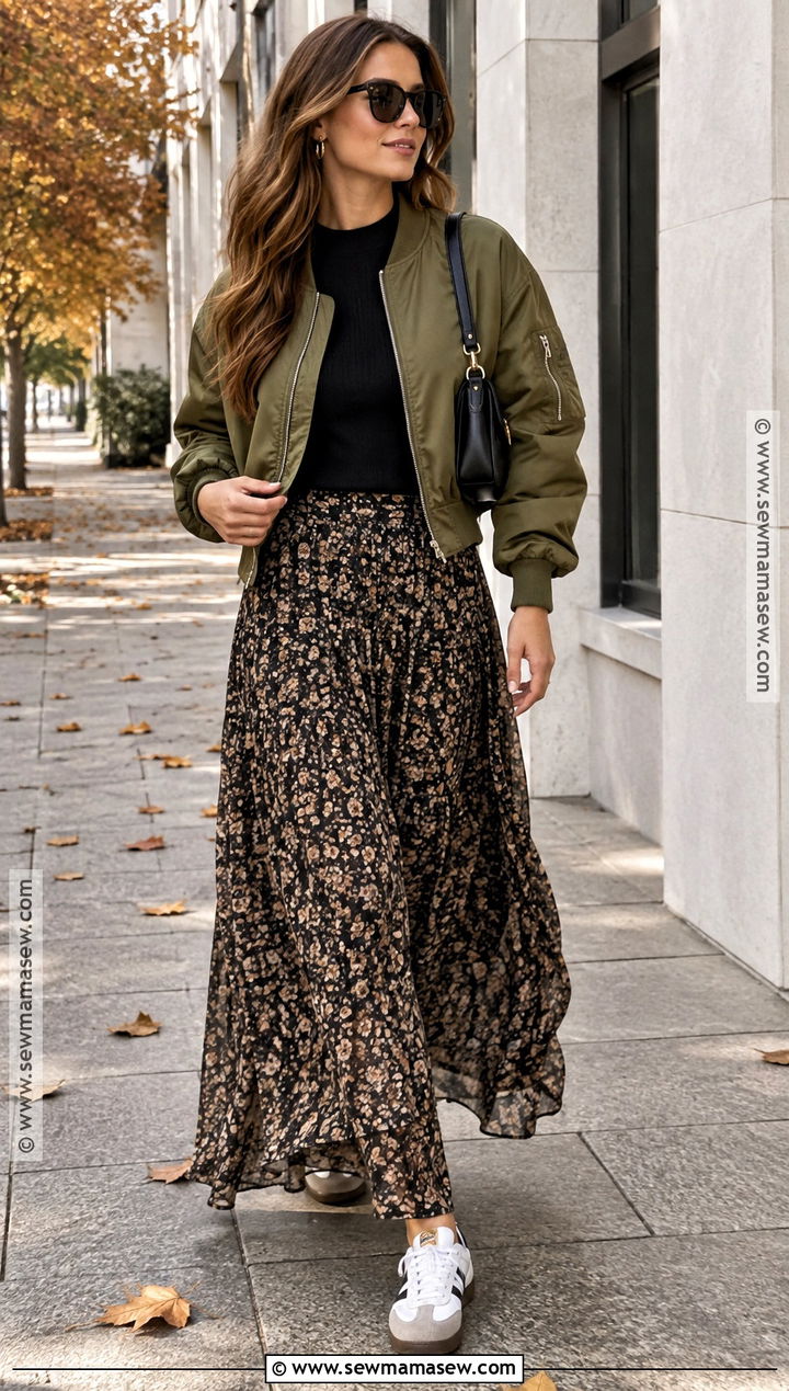 Autumn Bomber Jacket And Maxi Skirt Outfit - 25 autumn outfit inspo ideas