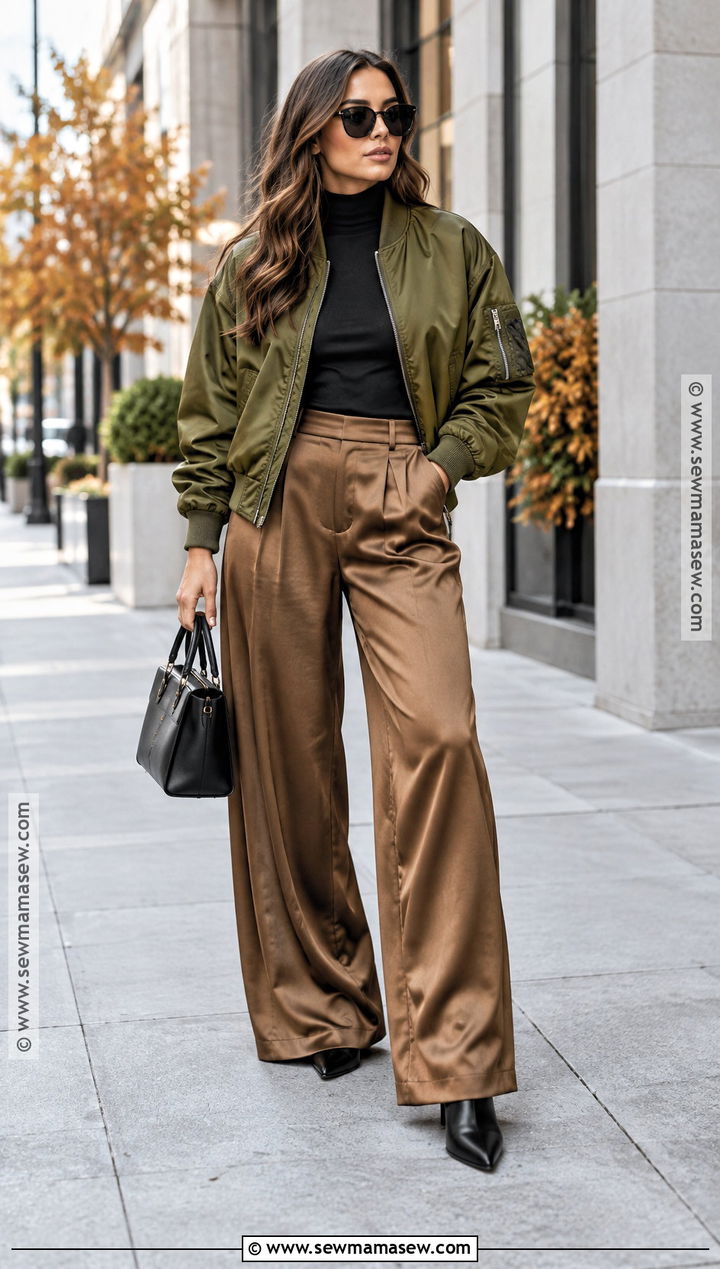 Autumn Bomber Jacket And Satin Pants Outfit - 15 autumn style ideas