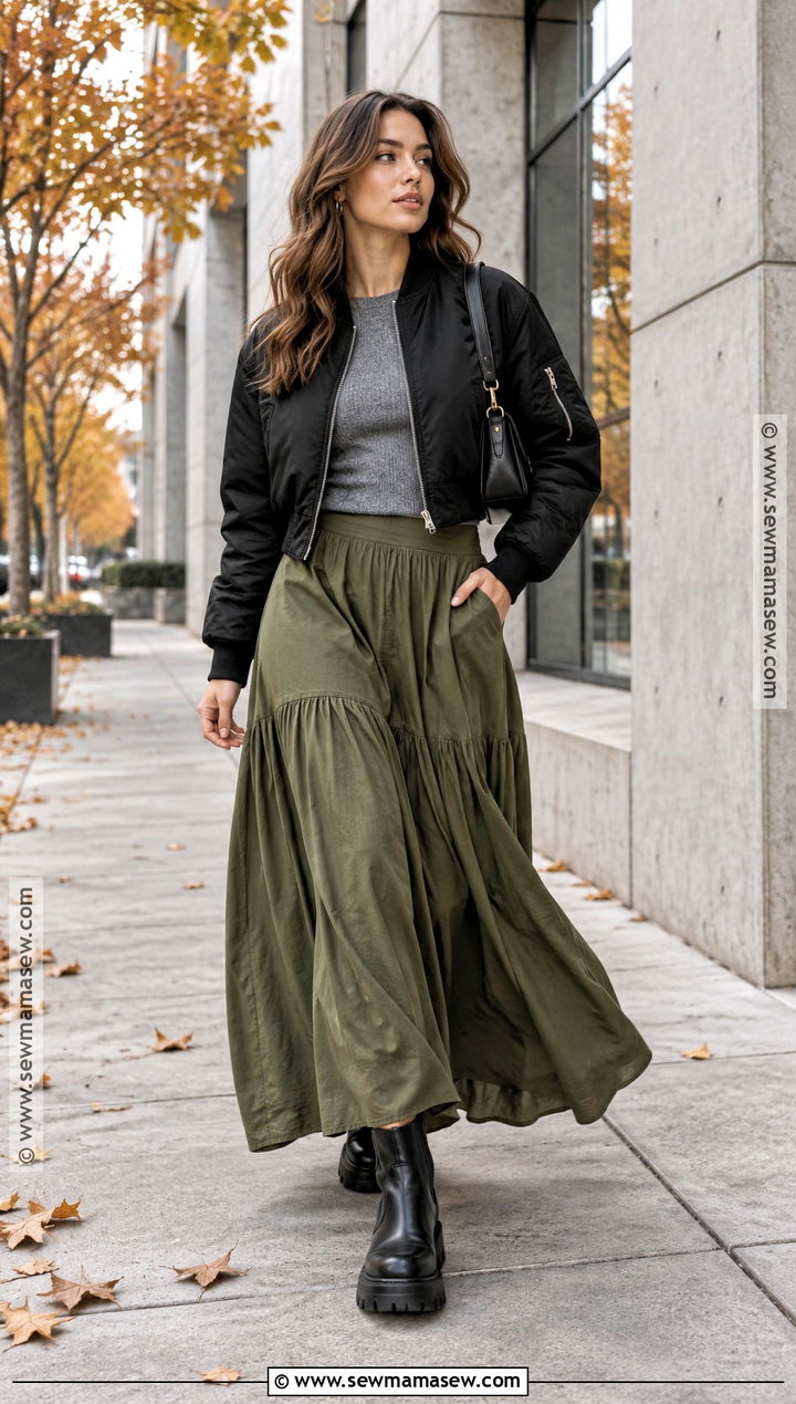 Autumn Bomber Jacket Outfit With Maxi Skirt - 30 autumn fashion ideas