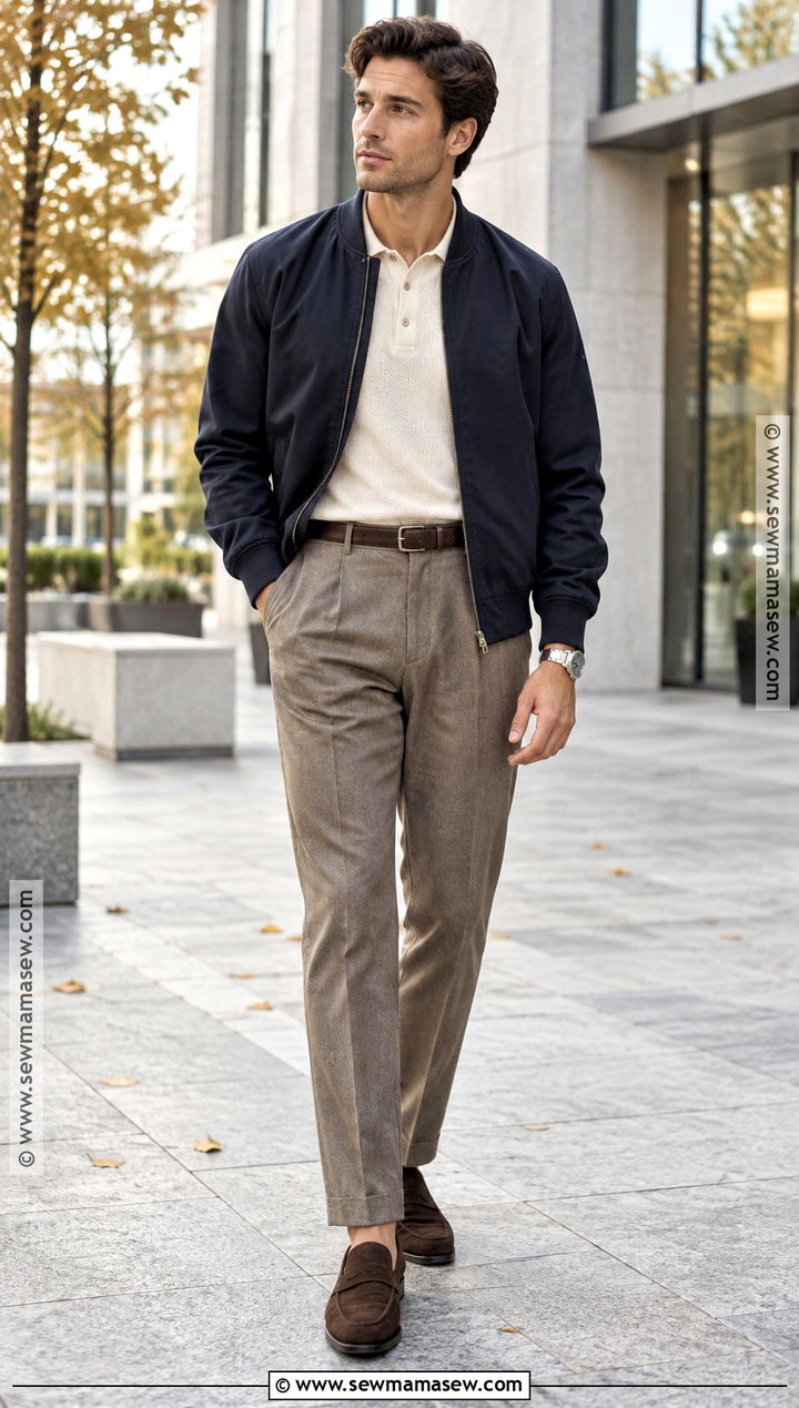 Autumn Bomber Jacket With Knit Polo And Trousers Outfit - 15 Men Outfit Autumn Casual Ideas