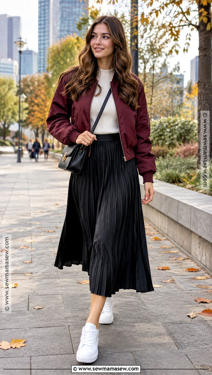 Autumn Bomber Jacket and Pleated Skirt Outfit - 15 Autumn Sidewalk Fashion Ideas