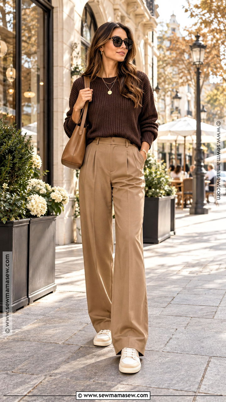 Autumn Brown Knit And Wide Leg Trousers Outfit - 20 autumn weekend outfit ideas