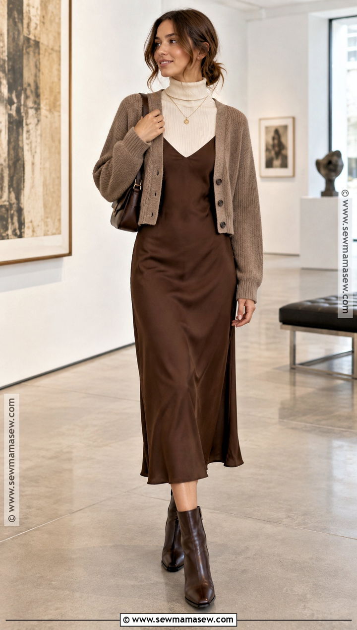 Autumn Brown Slip Dress With Turtleneck And Boots - 20 autumn dresses casual